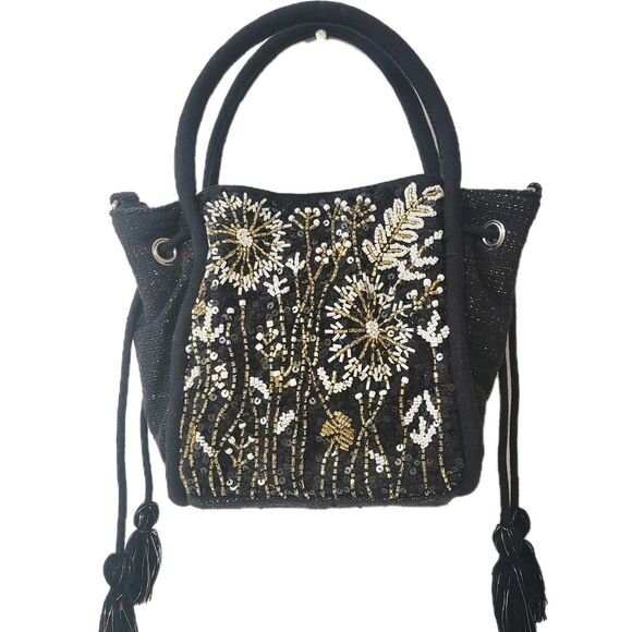 America & Beyond Black Retro Embellished Sequins Floral Black Handle Tote Bag - Picture 1 of 11